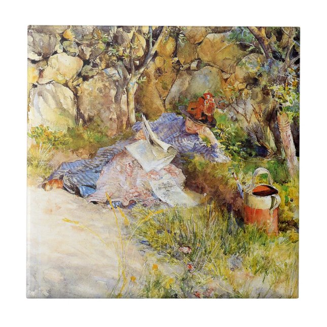 Eine Dame liest eine Zeitung von Carl Larsson Fliese (Vorderseite)