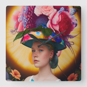 Eine Dame mit Blumenhut Quadratische Wanduhr