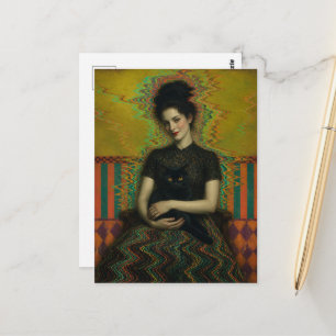 Eine Dame mit einer schwarzen Katze Glitch Art Postkarte