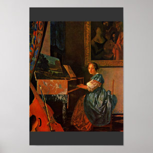 Eine Dame sitzt in einer Jungfrau von Vermeer Van Poster
