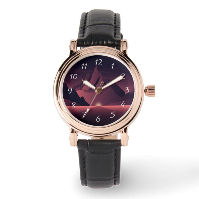 Eine Darstellung des Sonnenuntergangs auf den Berg Armbanduhr (Vorderseite)