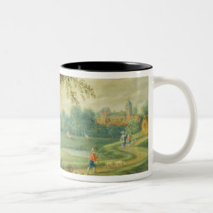 Eine Dorf-Landschaft durch einen Fluss Zweifarbige Tasse