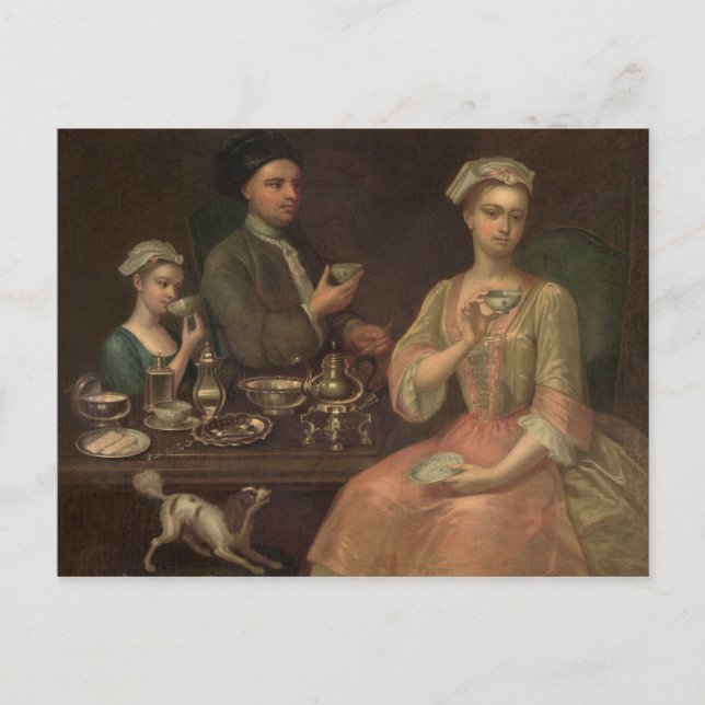 Eine Drei-Familien-Familie im Tea, c.1727 Postkarte (Vorderseite)