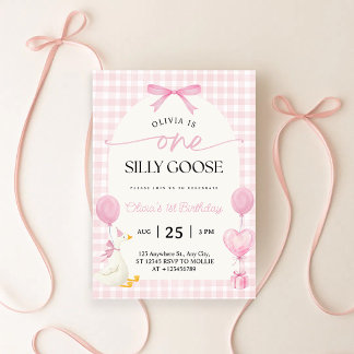 Eine dumme Gans Blau Rosa Gingham 1. Geburtstag Einladung