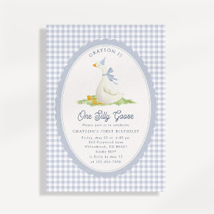 Eine dumme Gans Blaue Gingham Erstgeburtstagseinla Einladung