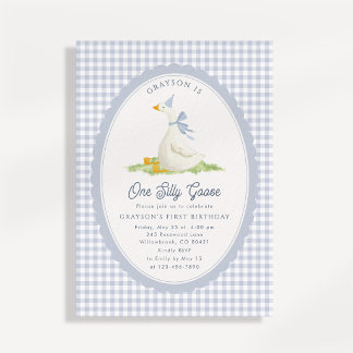 Eine dumme Gans Blaue Gingham Erstgeburtstagseinla Einladung