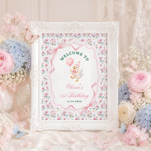Eine dumme Gans mit Schleife und Blumen zum 1. Geb Poster
