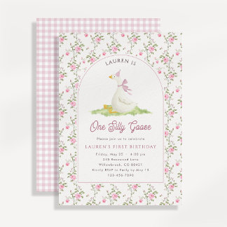 Eine dumme Gans Pink Gingham Erster Geburtstag  Einladung