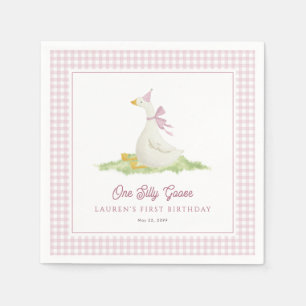 Eine dumme Gans Pink Gingham Erster Geburtstag Serviette