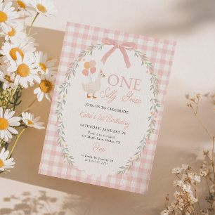 Eine dumme Gans Pink Gingham Mädchen 1. Geburtstag Einladung