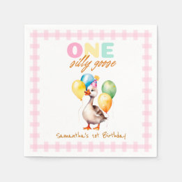 Eine dumme Gans Pink Gingham Mädchen 1. Geburtstag Serviette