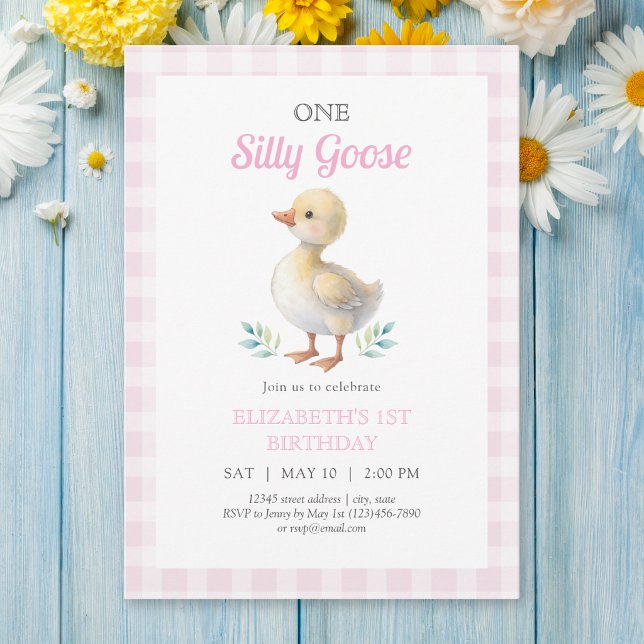 Eine dumme Gans Pink Gingham Mädchen Erster Geburt Einladung (Von Creator hochgeladen)
