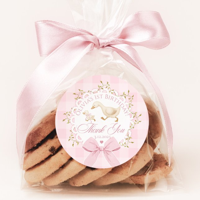 Eine dumme Gans Rosa Gingham Whimsical Danke Runder Aufkleber (Von Creator hochgeladen)