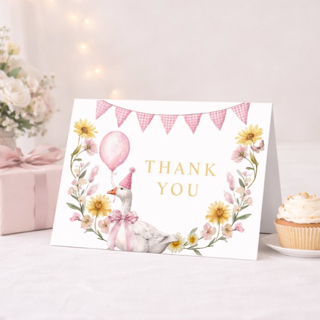 Eine dumme Gans Rosa Schleife 1. Geburtstag Danke  (Silly Goose Thank You Card)