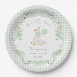 Eine dumme Gans Sagegrün Gingham 1. Geburtstag Pappteller