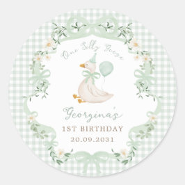 Eine dumme Gans Sagegrün Gingham 1. Geburtstag Runder Aufkleber