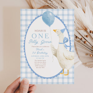 Eine dumme Gans zum 1. Geburtstag: Blaues Gingham  Einladung