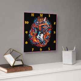 Eine dynamische E-Gitarre bricht mit Energie aus Quadratische Wanduhr