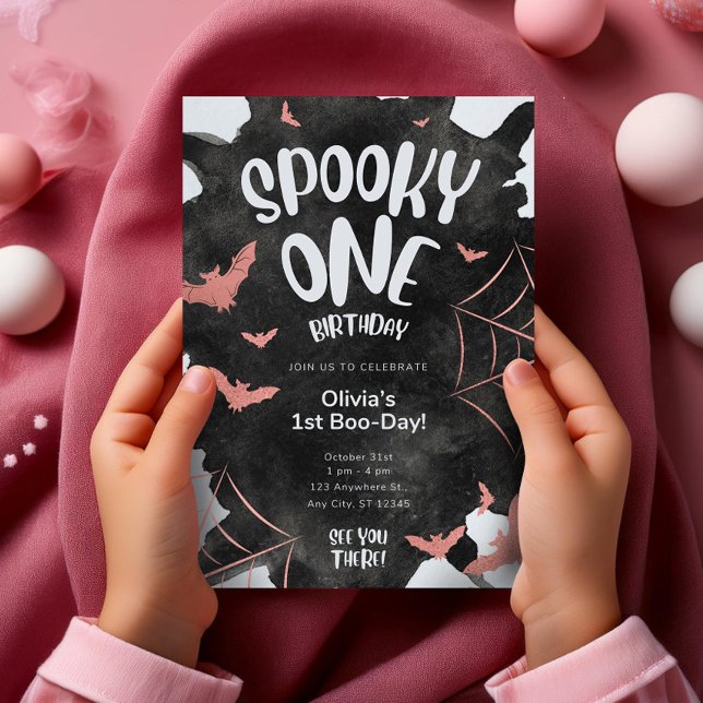 Eine Einladung Halloween Geburtstag rosa Fledermäu (Spooky One Invitation Halloween Birthday Template,EDITABLE Black Pink Cute Bats First Birthday Invit)