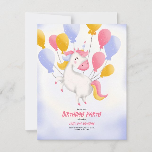 Eine Einladung zum Geburtstag mit einem Einhorn. (Vorderseite)