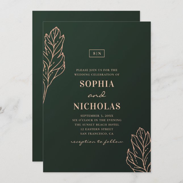 Eine elegante Hochzeit in Grün und Gold. Emerald b Einladung (Vorne/Hinten)