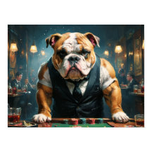 Eine englische Bulldogge als Croupier in einem Cas