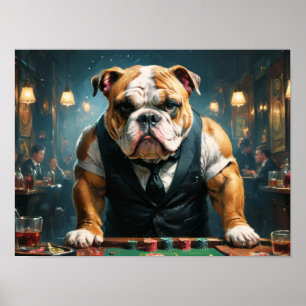 Eine englische Bulldogge als Croupier in einem Cas Poster