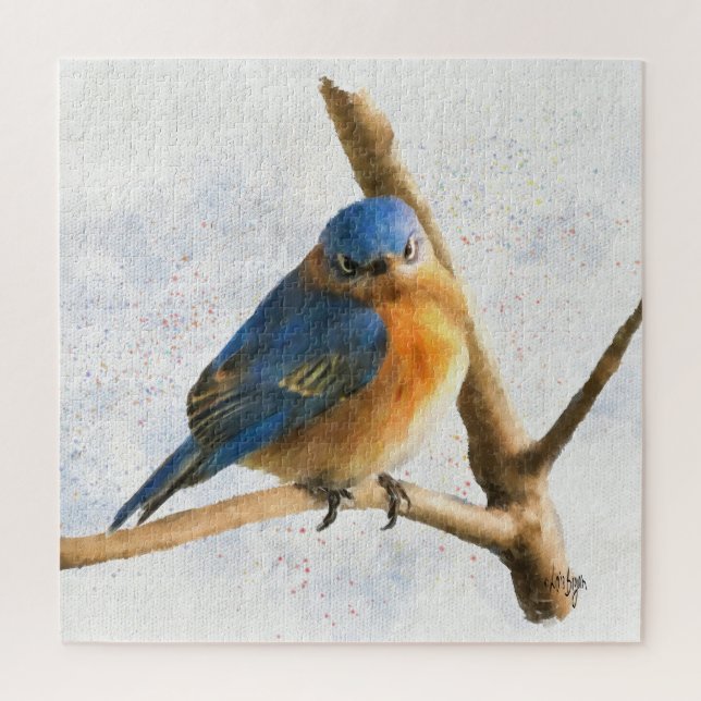 Eine Erholung von Frowning Bluebird auf einem Zwei Puzzle (Vertikal)