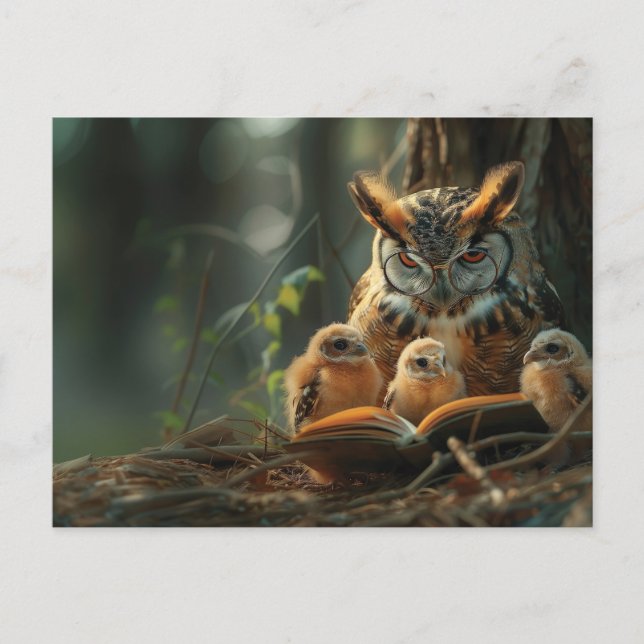 Eine Eule las ein Buch an kleine Küken Postkarte (Vorderseite)