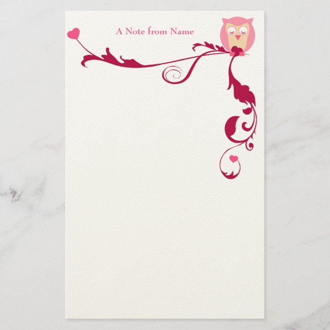 Eine Eule mit Herzen, eine Anmerkung vom Namen Briefpapier (Vorderseite)