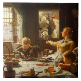 Eine Familie (der Esel wird Gefüttert) Fliese