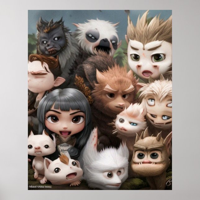 Eine farbenfrohe Gruppe von niedlichen Tieren und  Poster (Vorne)
