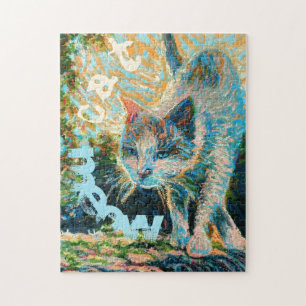 Eine farbenfrohe Katze, die bei Sonnenlicht an der Puzzle