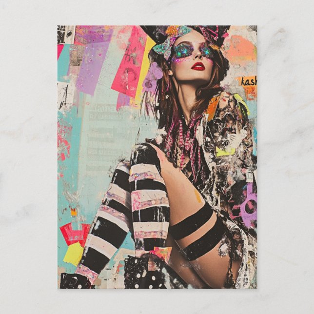 Eine farbenfrohe Mode-Dame Collage Postkarte (Vorderseite)