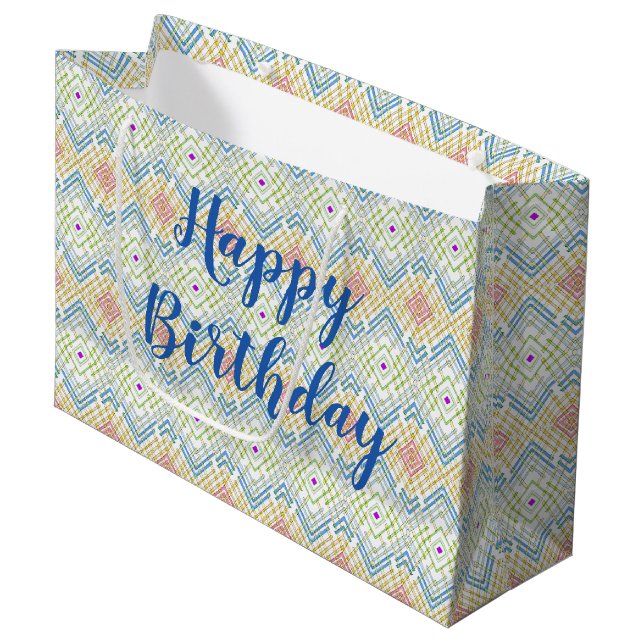 Eine farbenfrohe und moderne, große Geschenktasche Geschenktüte (Vorderseite Schrägansicht)