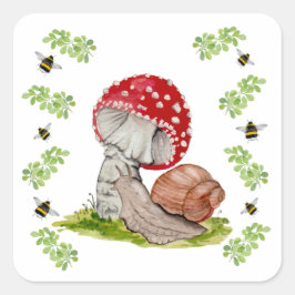 Eine farbenfrohe Waldfliege und eine Schnecke Quadratischer Aufkleber