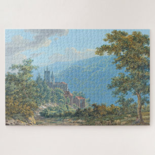 Eine Festung in einer Bergwelt beim Sonnenaufgang Puzzle