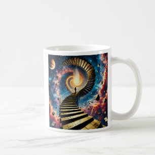 Eine Figur auf einer endlosen Treppe. Kaffeetasse