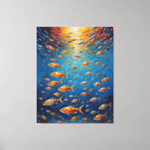 eine Fischschule, die im Wasser schwimmt Leinwanddruck