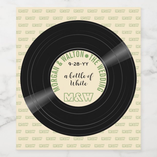 Eine Flasche mit weißem Vinyl Record Monogramm Cus Weinetikett (Einzelnes Label)