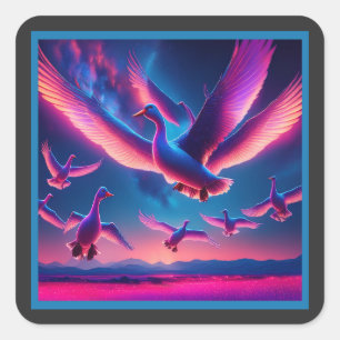 Eine Flock rosa Neongans zieht sich in den nächtli Quadratischer Aufkleber