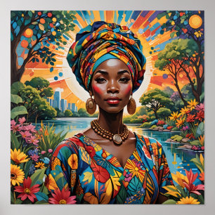 Eine Frau, die ein lebendiges Turban- und BlumenOu Poster