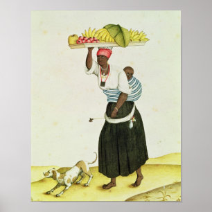 Eine Frau, die einen Behälter der Frucht auf ihre Poster