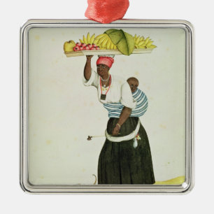 Eine Frau, die einen Behälter der Frucht auf ihre Silbernes Ornament