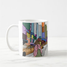 Eine Frau geht eine belebte, von der Straße gesäum