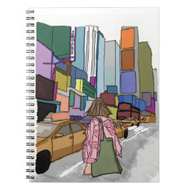 Eine Frau geht eine belebte, von der Straße gesäum Notizblock