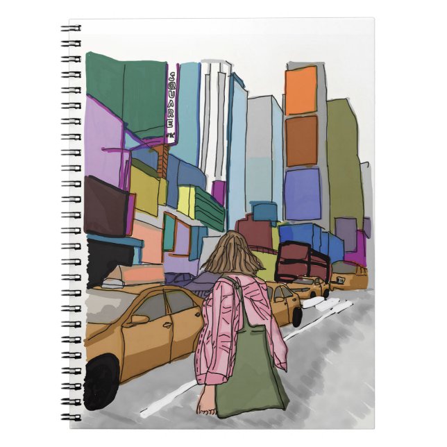 Eine Frau geht eine belebte, von der Straße gesäum Notizblock (Vorderseite)