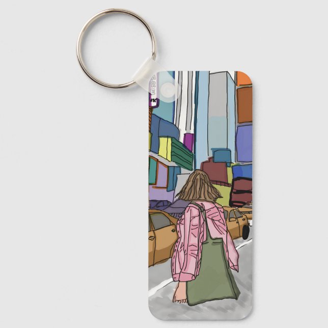 Eine Frau geht eine belebte, von der Straße gesäum Schlüsselanhänger (Vorderseite)