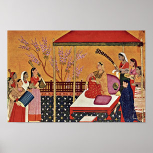 Eine Frau hört Musik durch Indischer Maler Um Poster