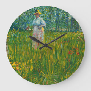 Eine Frau im Garten spazieren - Vincent van Gogh Große Wanduhr